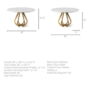 48" Marble Top with Gold Metal Base Dining Table