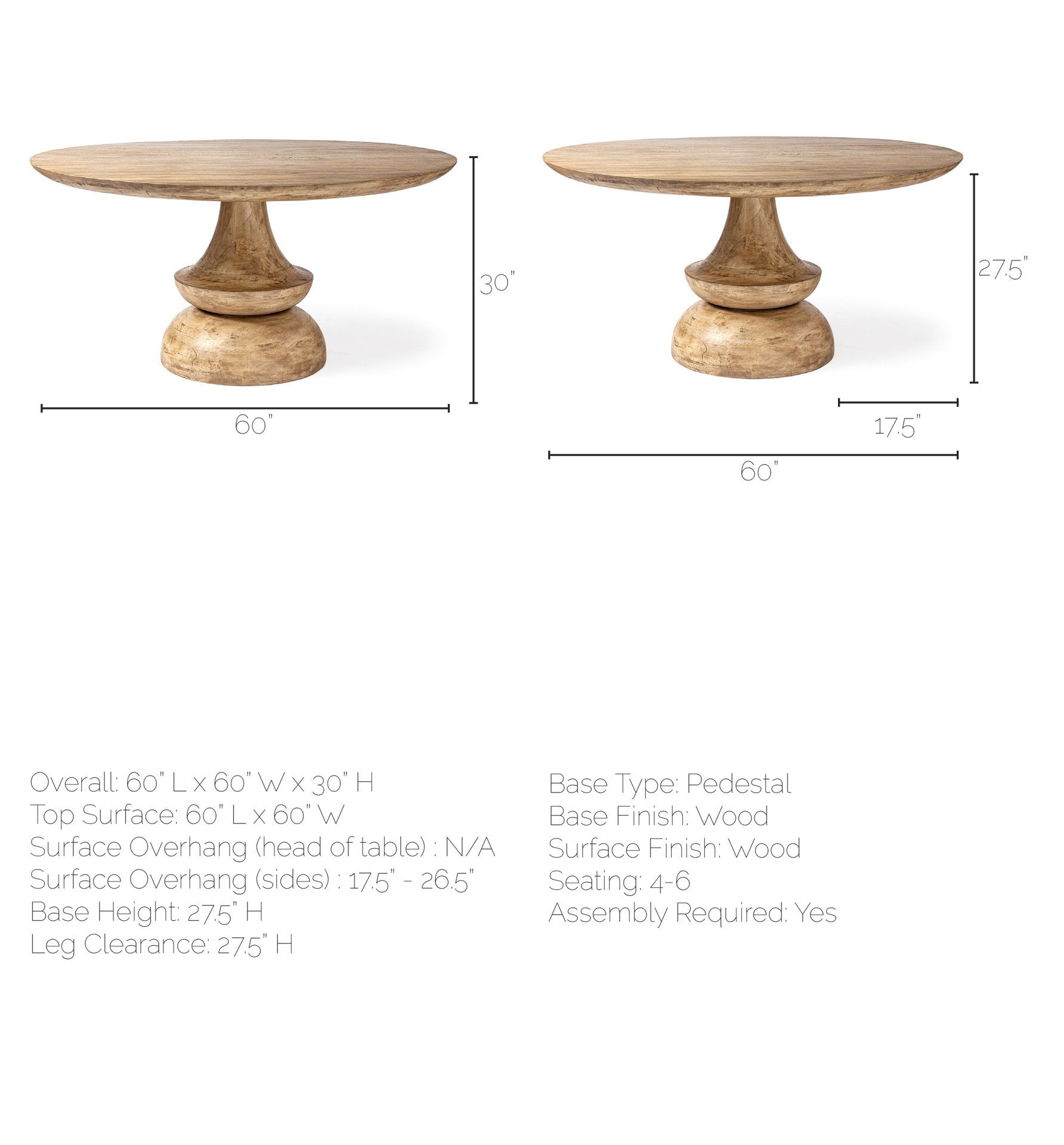 60" Round Blonde Solid Wood and Base Dining Table