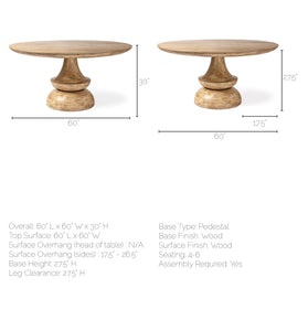 60" Round Blonde Solid Wood and Base Dining Table