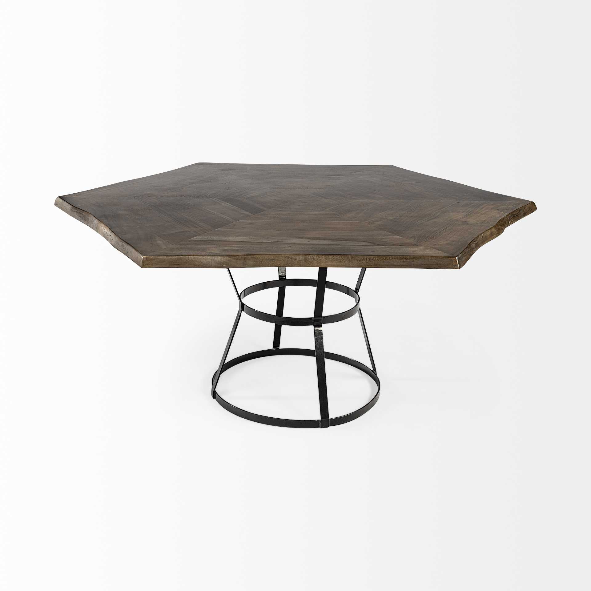 68" hexagon Brown Solid Wood Top with Black Metal Base Dining Table