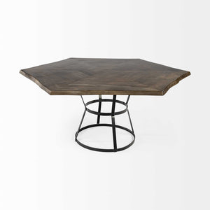 68" hexagon Brown Solid Wood Top with Black Metal Base Dining Table