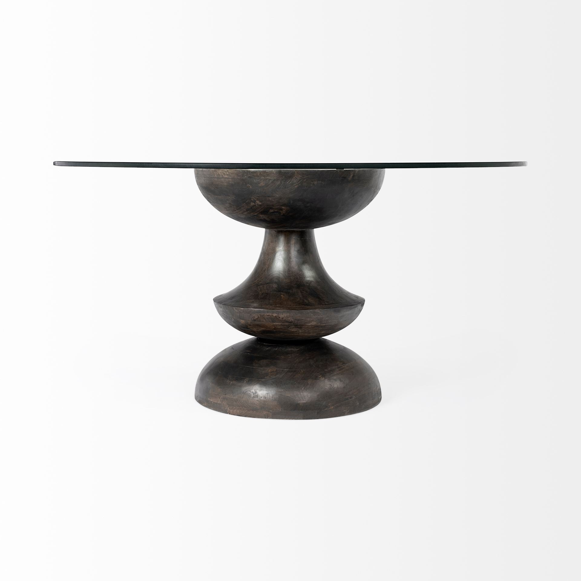 60" Round Glass Top Brown Wood with Pedestal Base Dining Table