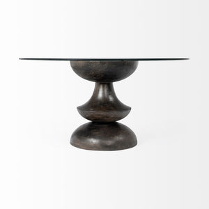 60" Round Glass Top Brown Wood with Pedestal Base Dining Table