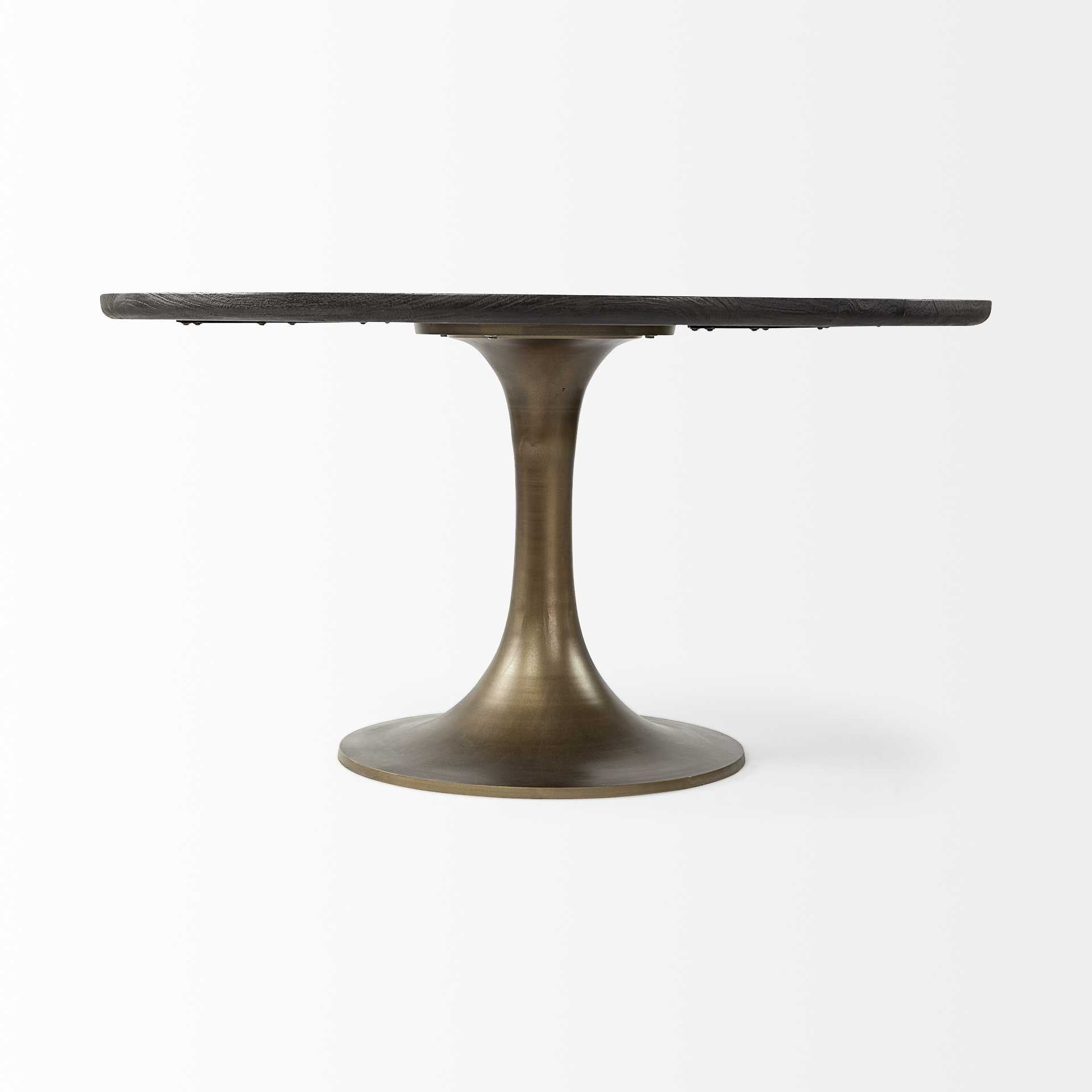 54" Round Brown Solid Wood Top with Gold Metal Base Dining Table