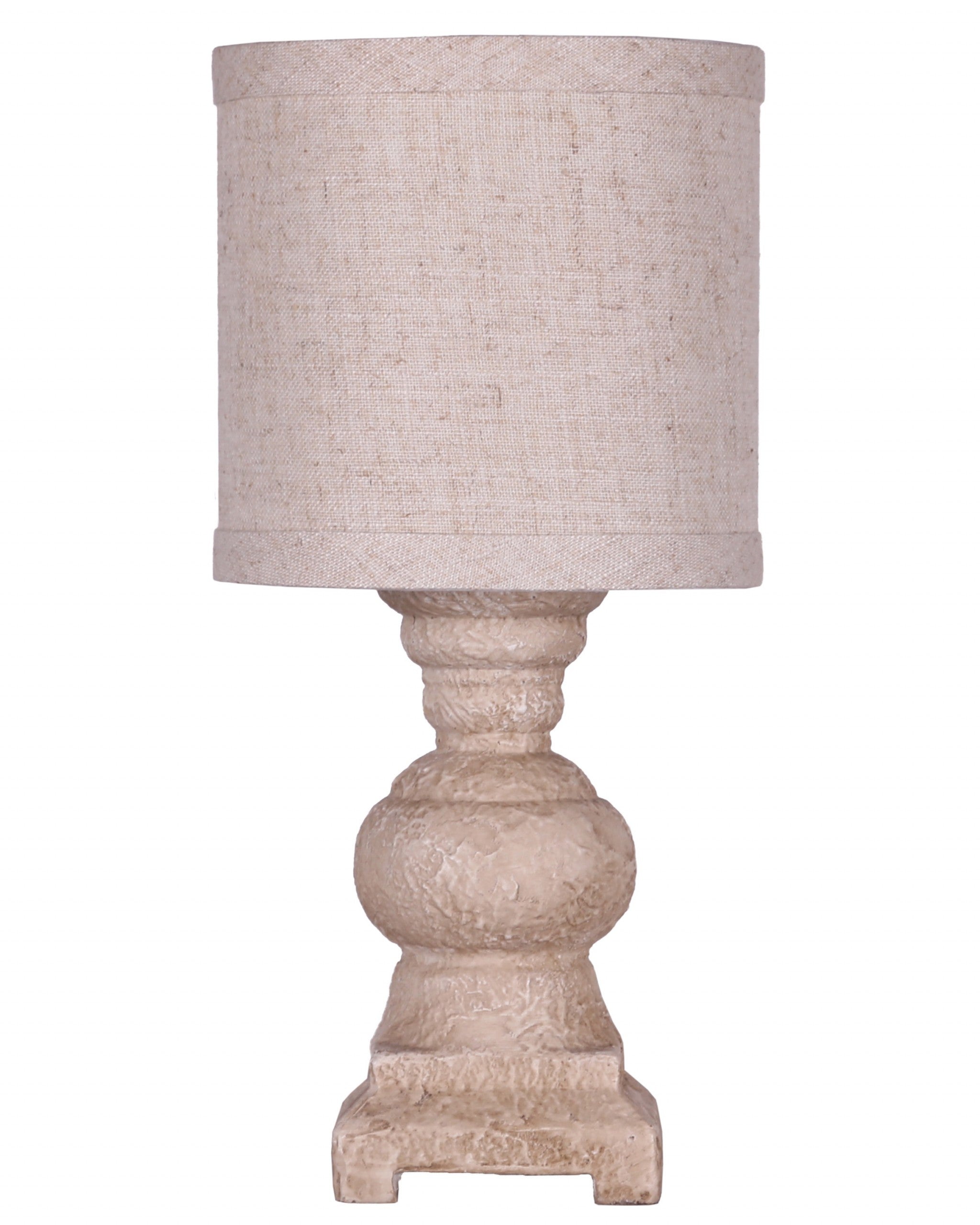 Distressed White Urn Accent Lamp with Natural Brown Linen Shade