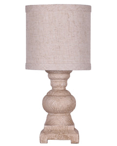 Distressed White Urn Accent Lamp with Natural Brown Linen Shade