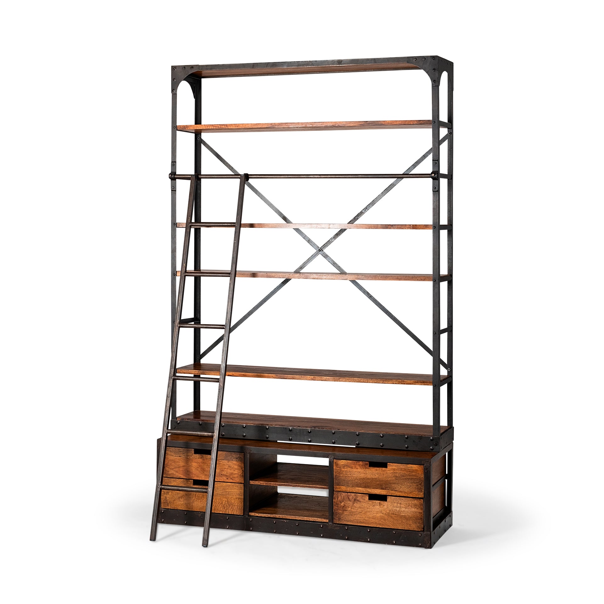 Medium Brown Wood Shelving Unit with Copper Ladder and 4 Shelves