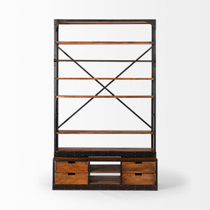 Medium Brown Wood Shelving Unit with Copper Ladder and 4 Shelves