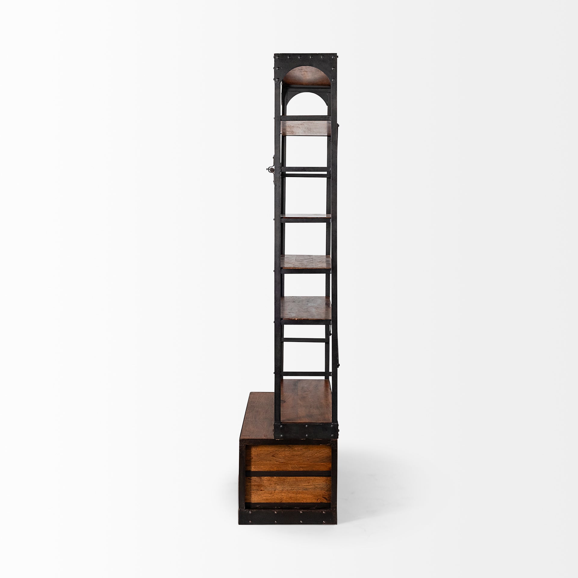 Medium Brown Wood Shelving Unit with Copper Ladder and 4 Shelves