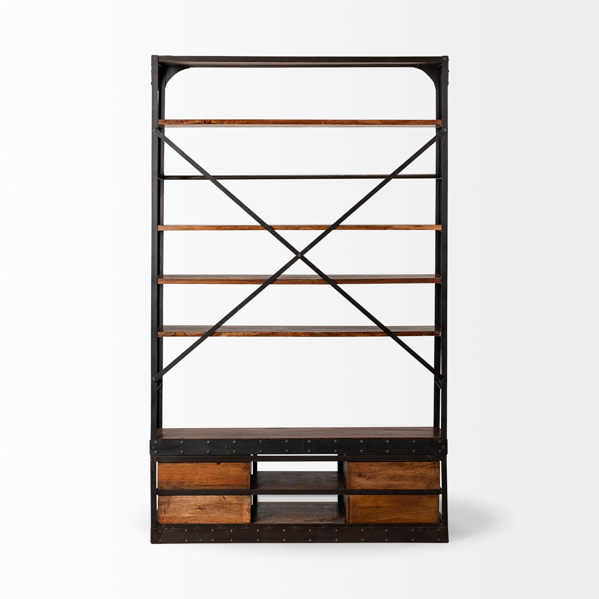 Medium Brown Wood Shelving Unit with Copper Ladder and 4 Shelves