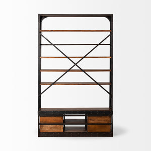 Medium Brown Wood Shelving Unit with Copper Ladder and 4 Shelves