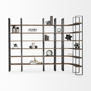 Curved Dark Brown Wood And Black Iron 6 Shelving Unit