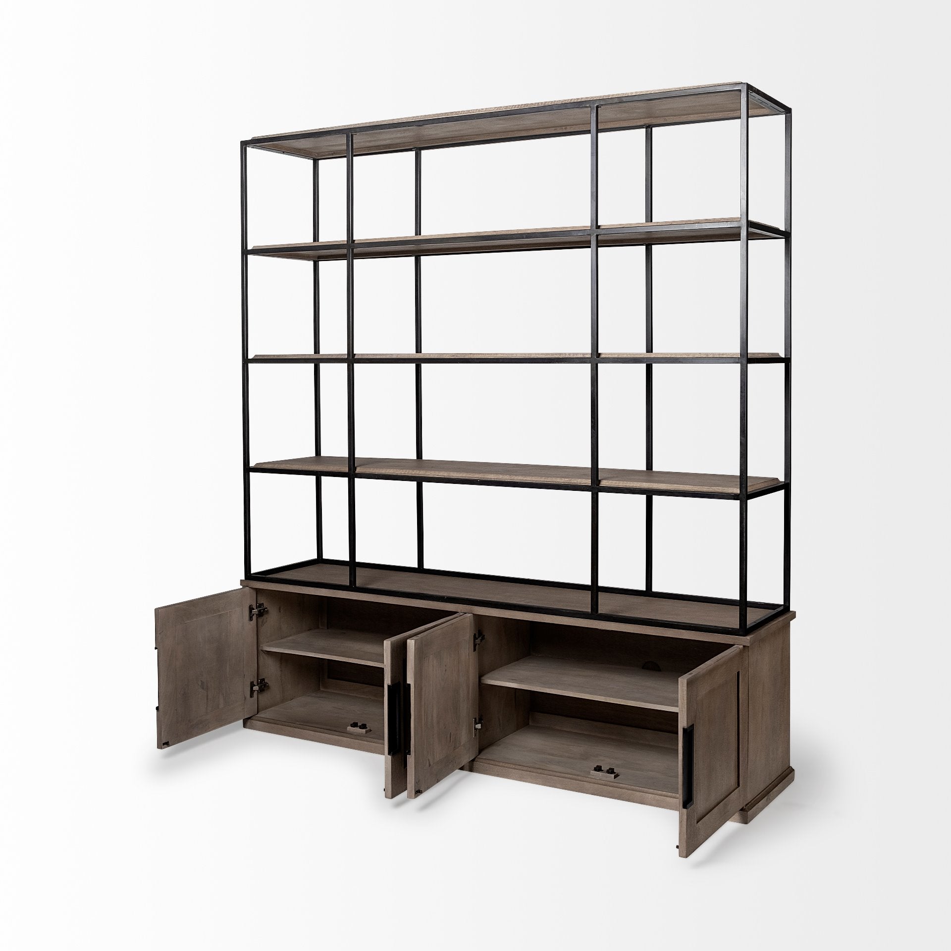 Light Brown Wood and Iron Shelving Unit with 3 Shelves