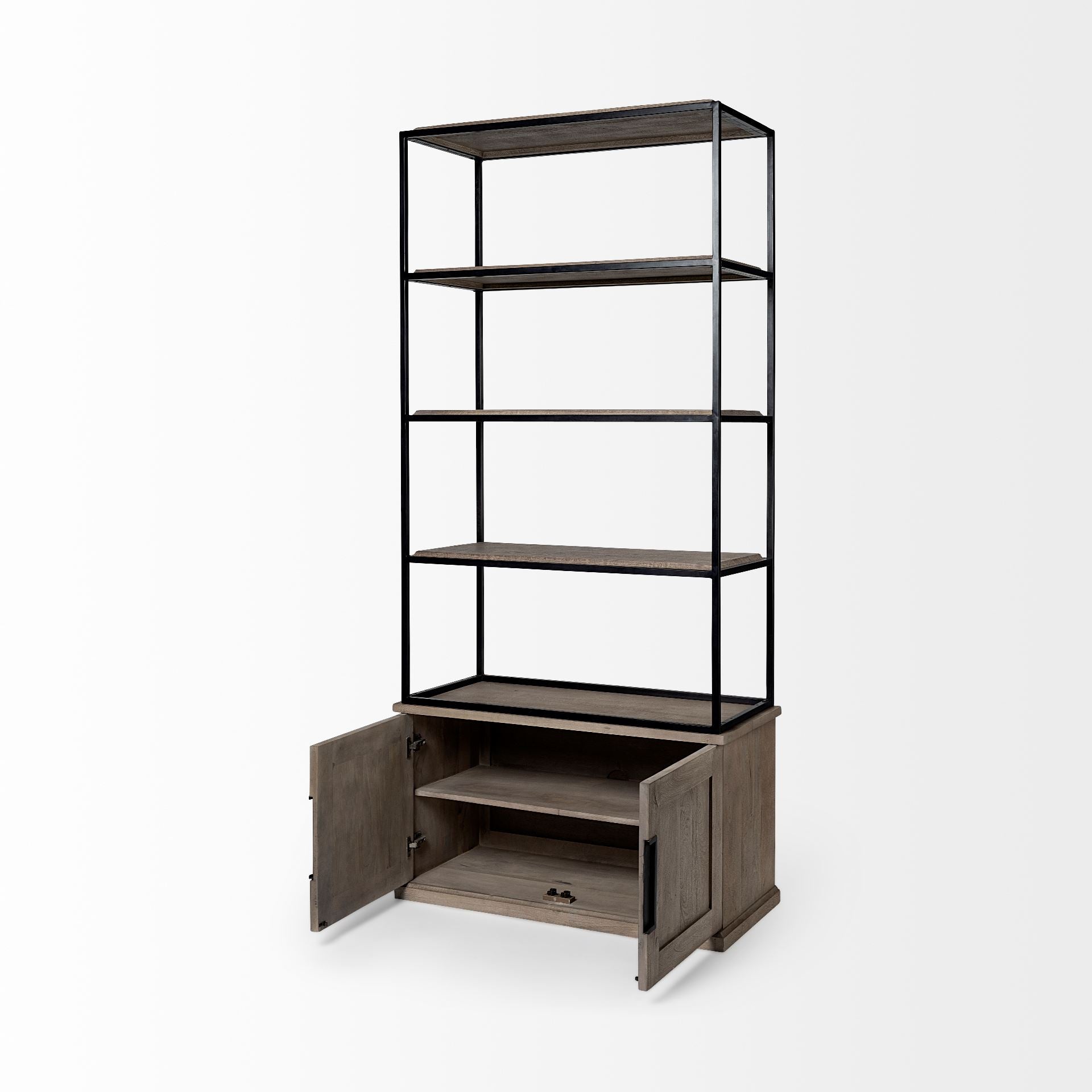 Light Brown Wood and Iron Shelving Unit with 3 Shelves