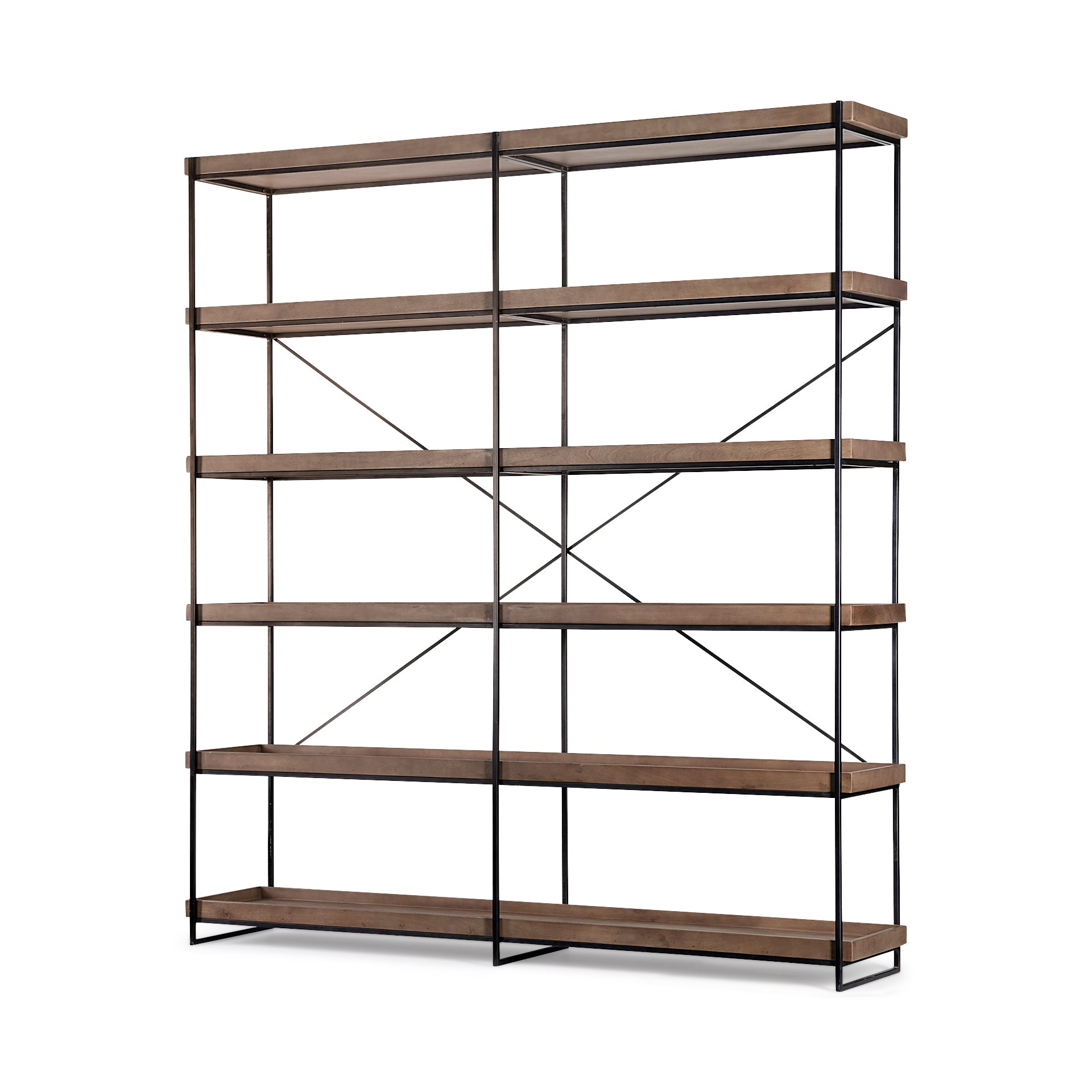 Medium Brown Wood and Iron Shelving Unit with 5 Tray Shelves