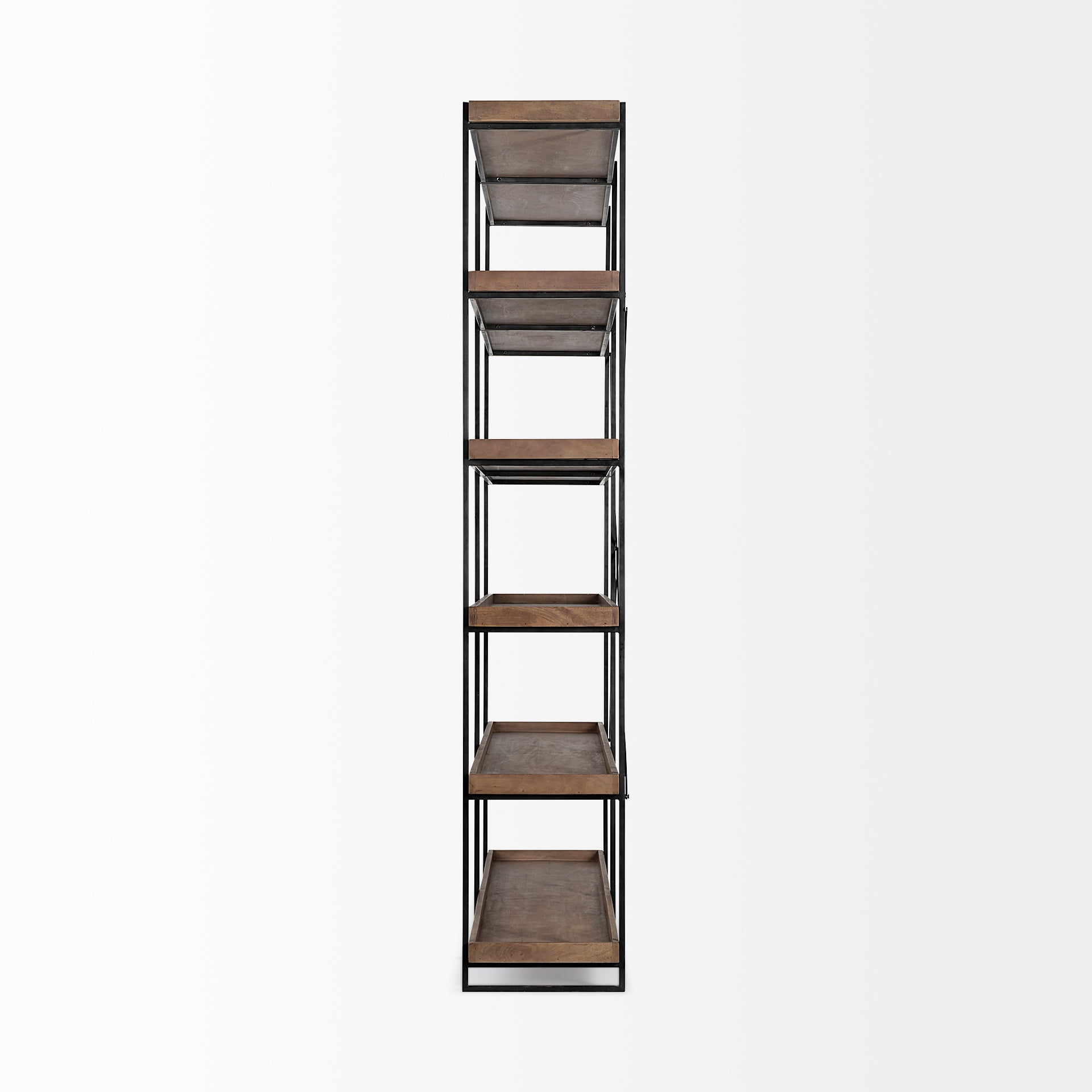 Medium Brown Wood and Iron Shelving Unit with 5 Tray Shelves