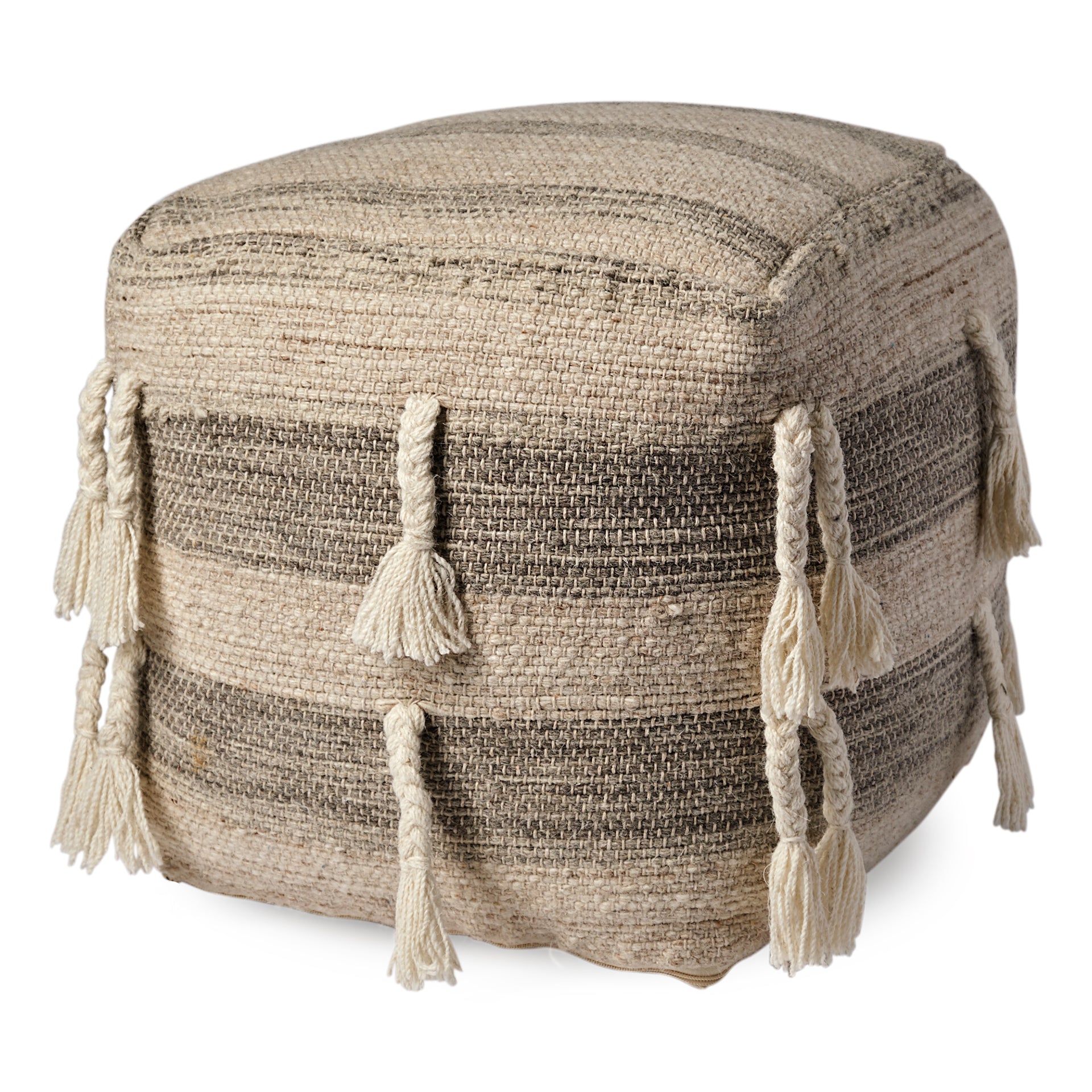 Gustel Brown Wool Square Tassel Handwoven Sqaure Pouf