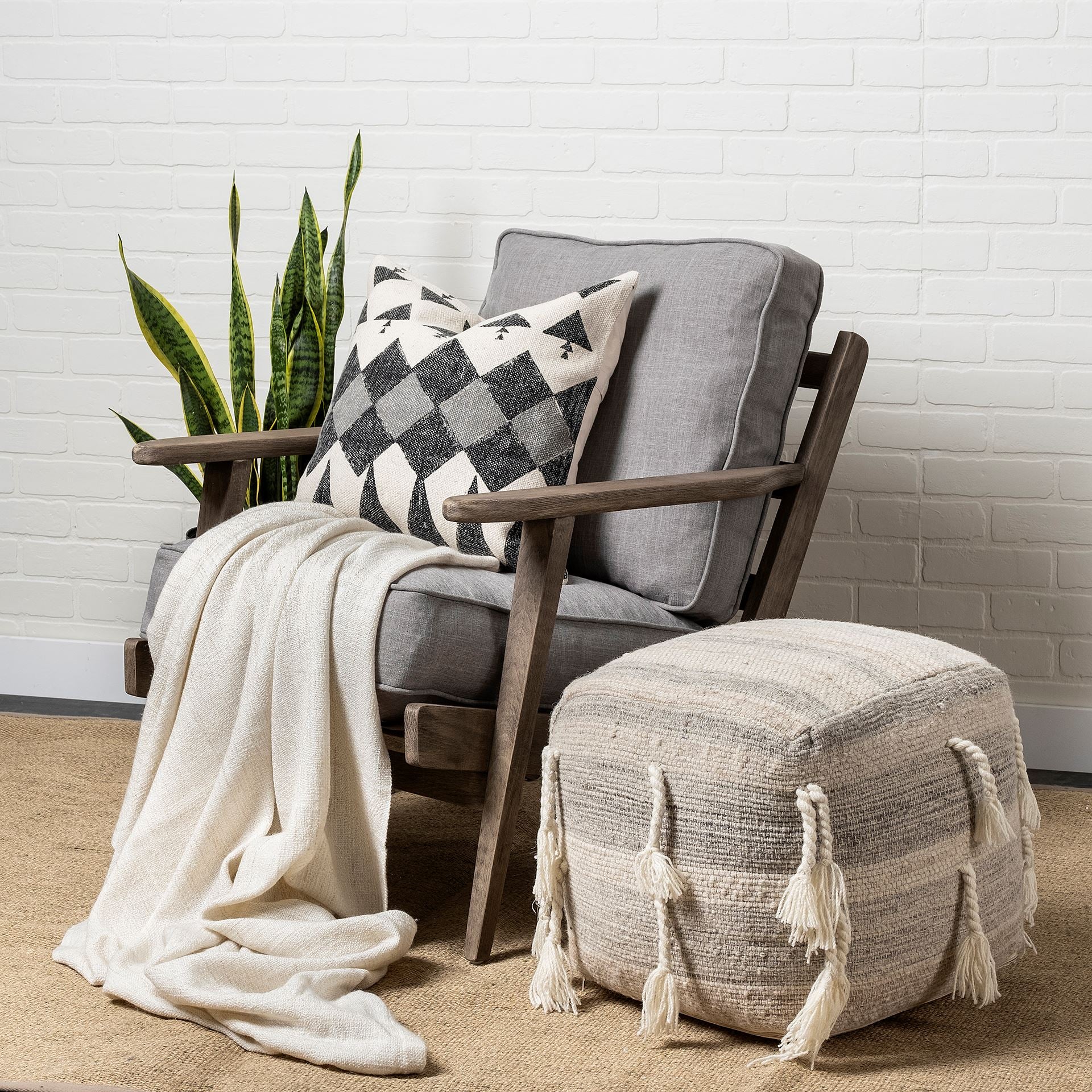 Gustel Brown Wool Square Tassel Handwoven Sqaure Pouf