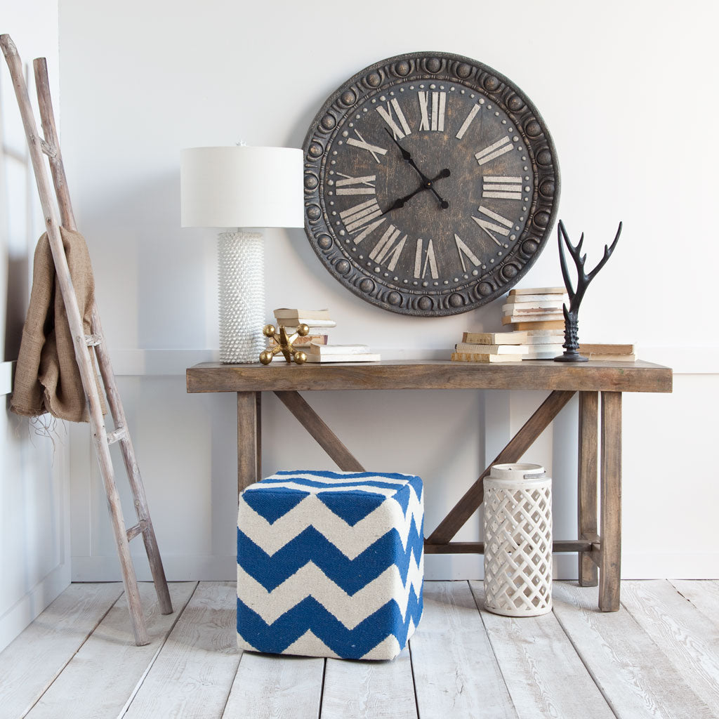 Blue and White Wool Sqaure Pouf with Zig Zag Pattern