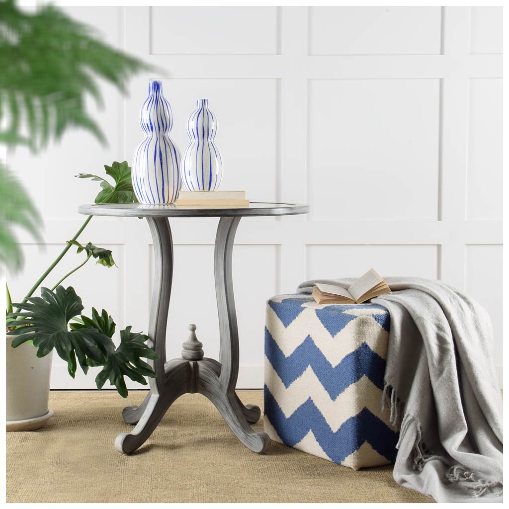 Blue and White Wool Sqaure Pouf with Zig Zag Pattern
