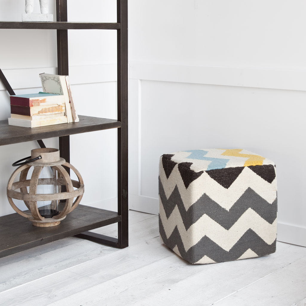 Ivory and Charcoal Wool Sqaure Pouf with Zig Zag Pattern