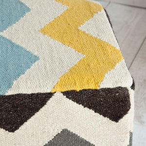 Ivory and Charcoal Wool Sqaure Pouf with Zig Zag Pattern