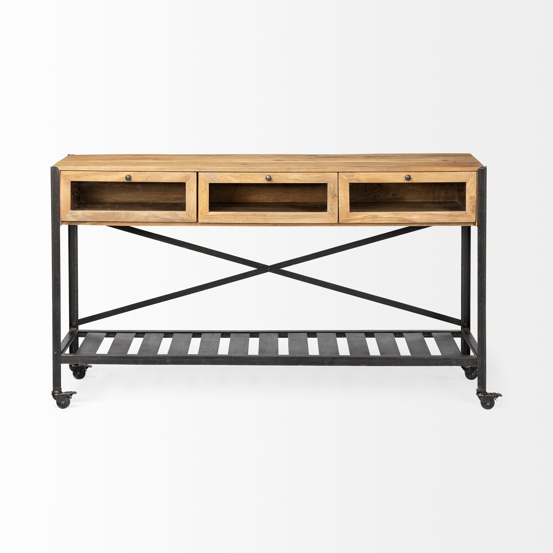 Brown Wood Kitchen Island with Wooden Top and Slatted Metal Shelves