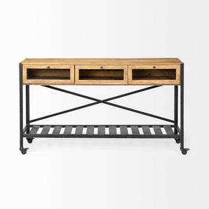 Brown Wood Kitchen Island with Wooden Top and Slatted Metal Shelves