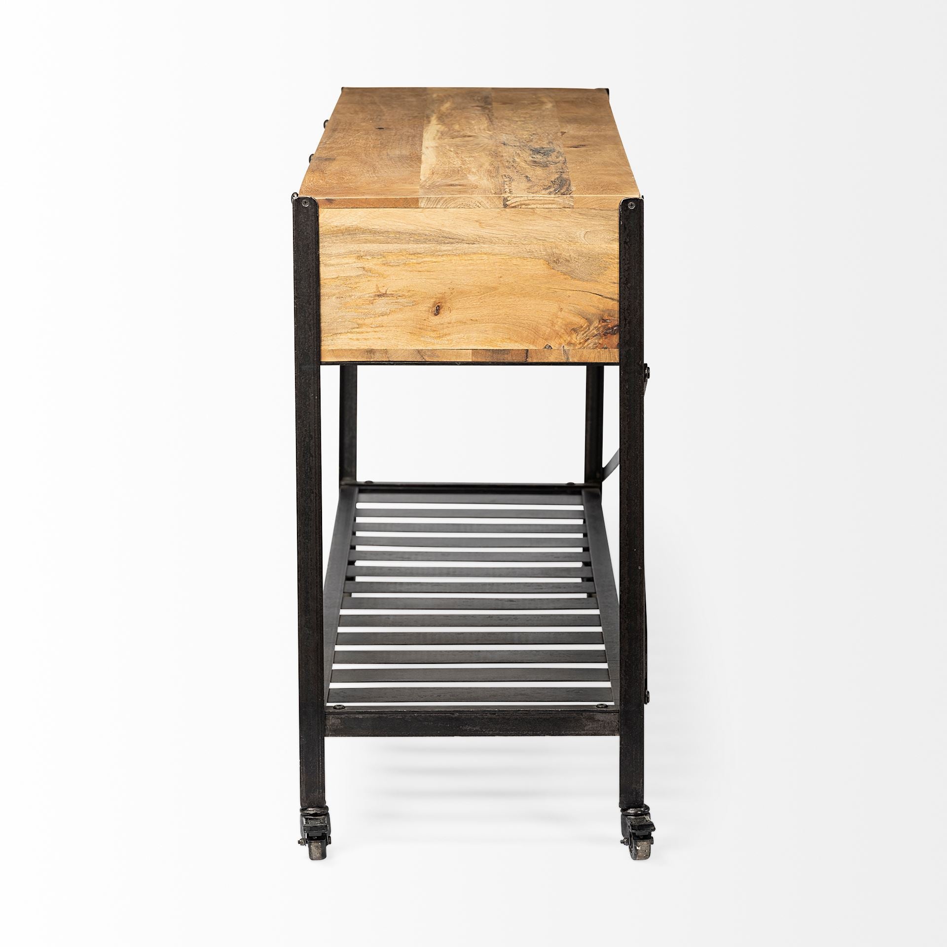 Brown Wood Kitchen Island with Wooden Top and Slatted Metal Shelves