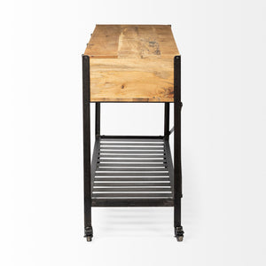 Brown Wood Kitchen Island with Wooden Top and Slatted Metal Shelves
