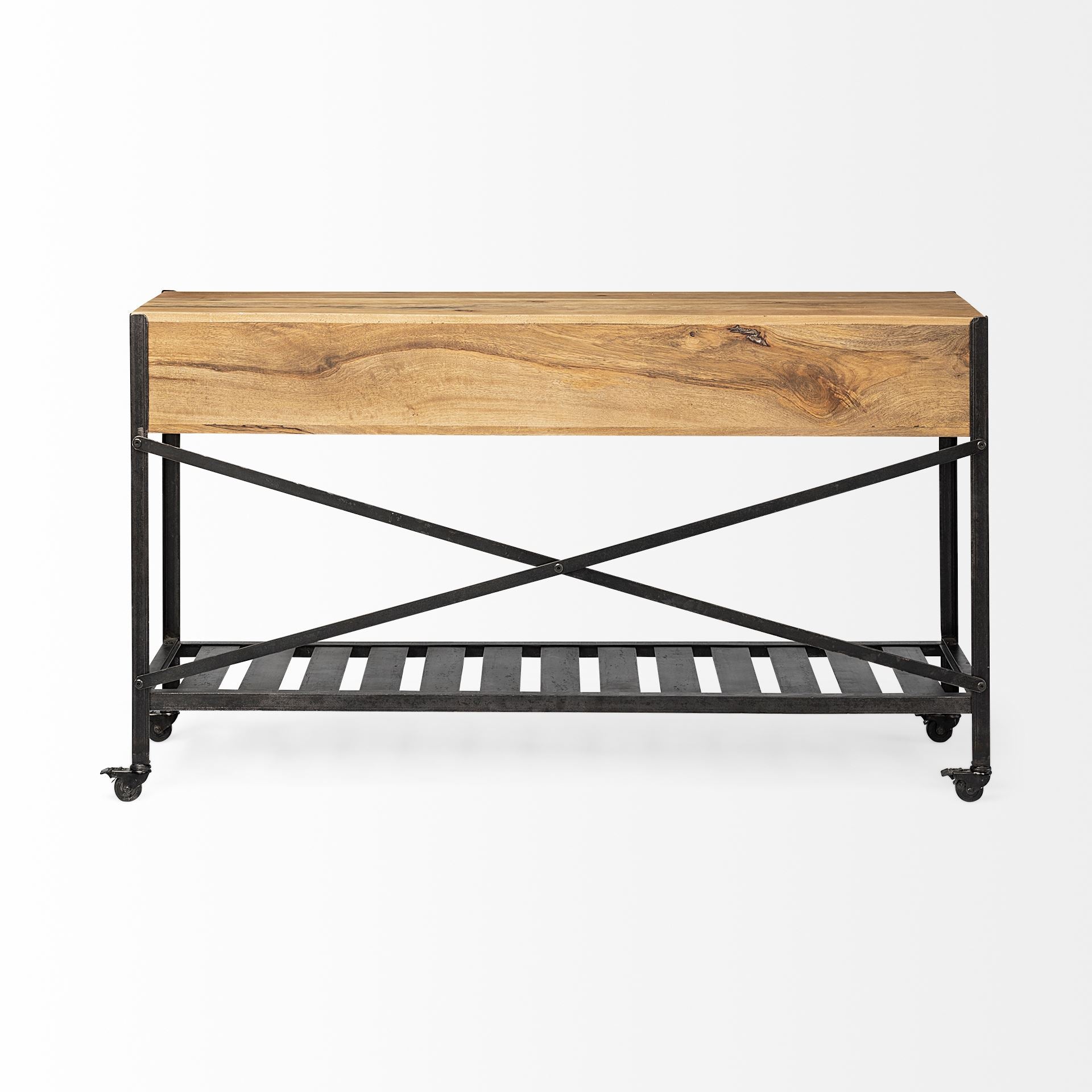Brown Wood Kitchen Island with Wooden Top and Slatted Metal Shelves