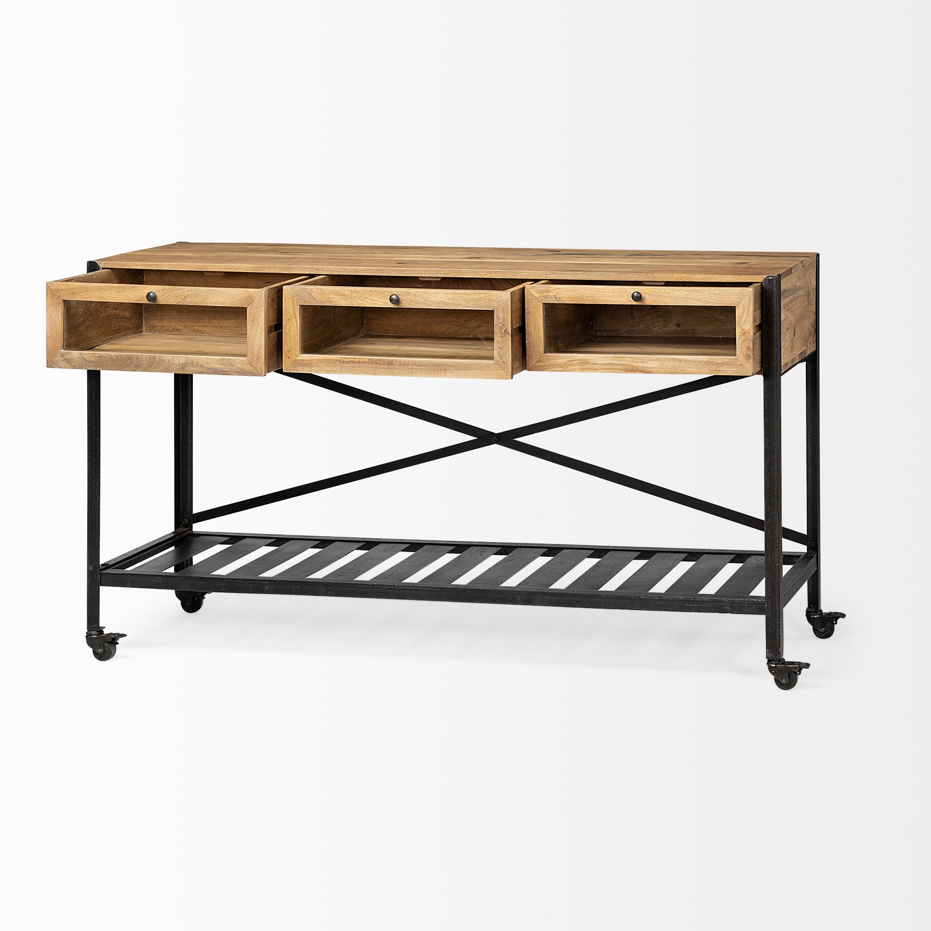 Brown Wood Kitchen Island with Wooden Top and Slatted Metal Shelves
