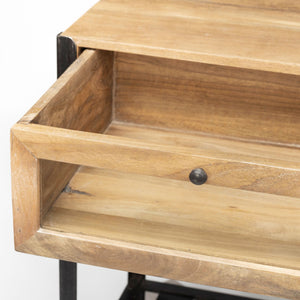 Brown Wood Kitchen Island with Wooden Top and Slatted Metal Shelves
