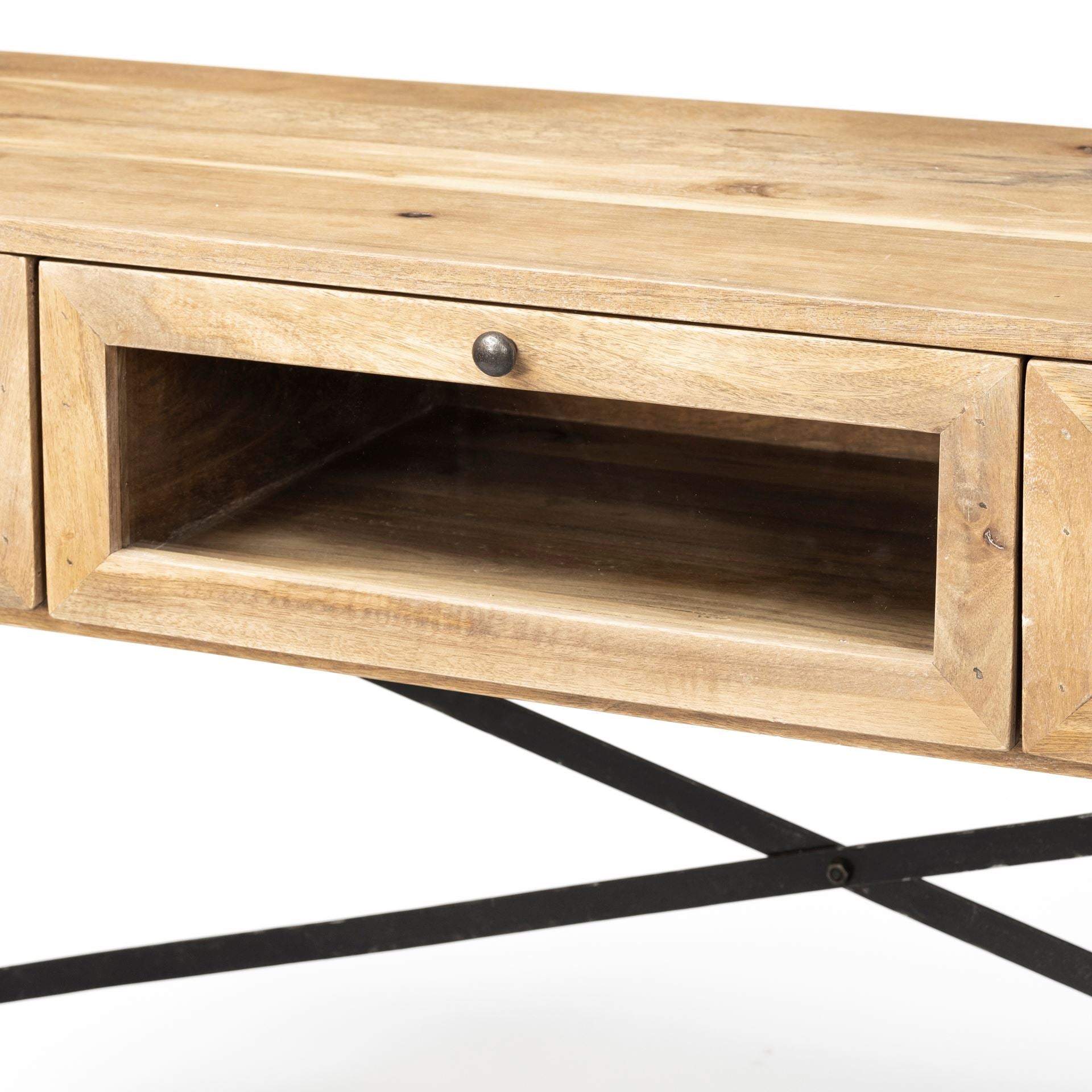 Brown Wood Kitchen Island with Wooden Top and Slatted Metal Shelves