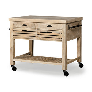 Light Brown Base Kitchen Island with Black Iron Knobs Rolling