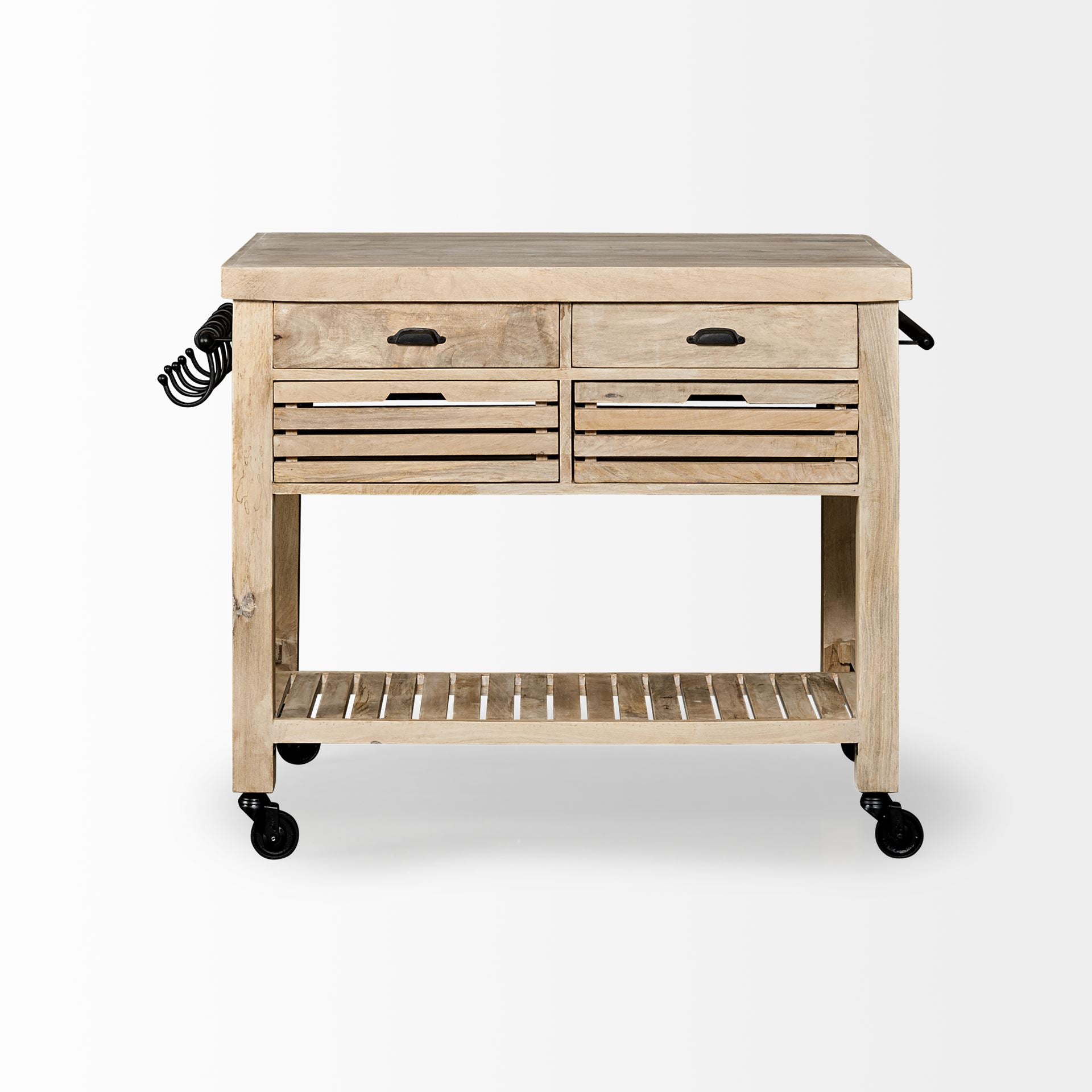 Light Brown Base Kitchen Island with Black Iron Knobs Rolling
