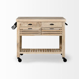 Light Brown Base Kitchen Island with Black Iron Knobs Rolling