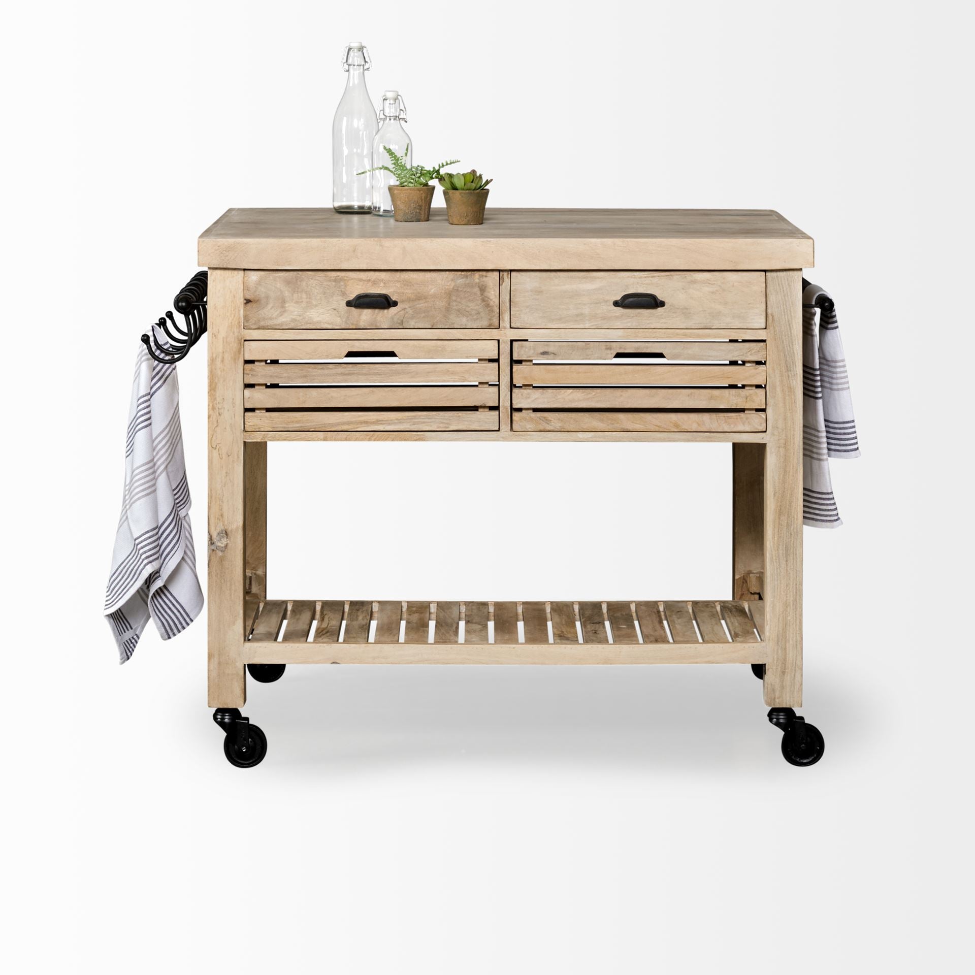 Light Brown Base Kitchen Island with Black Iron Knobs Rolling