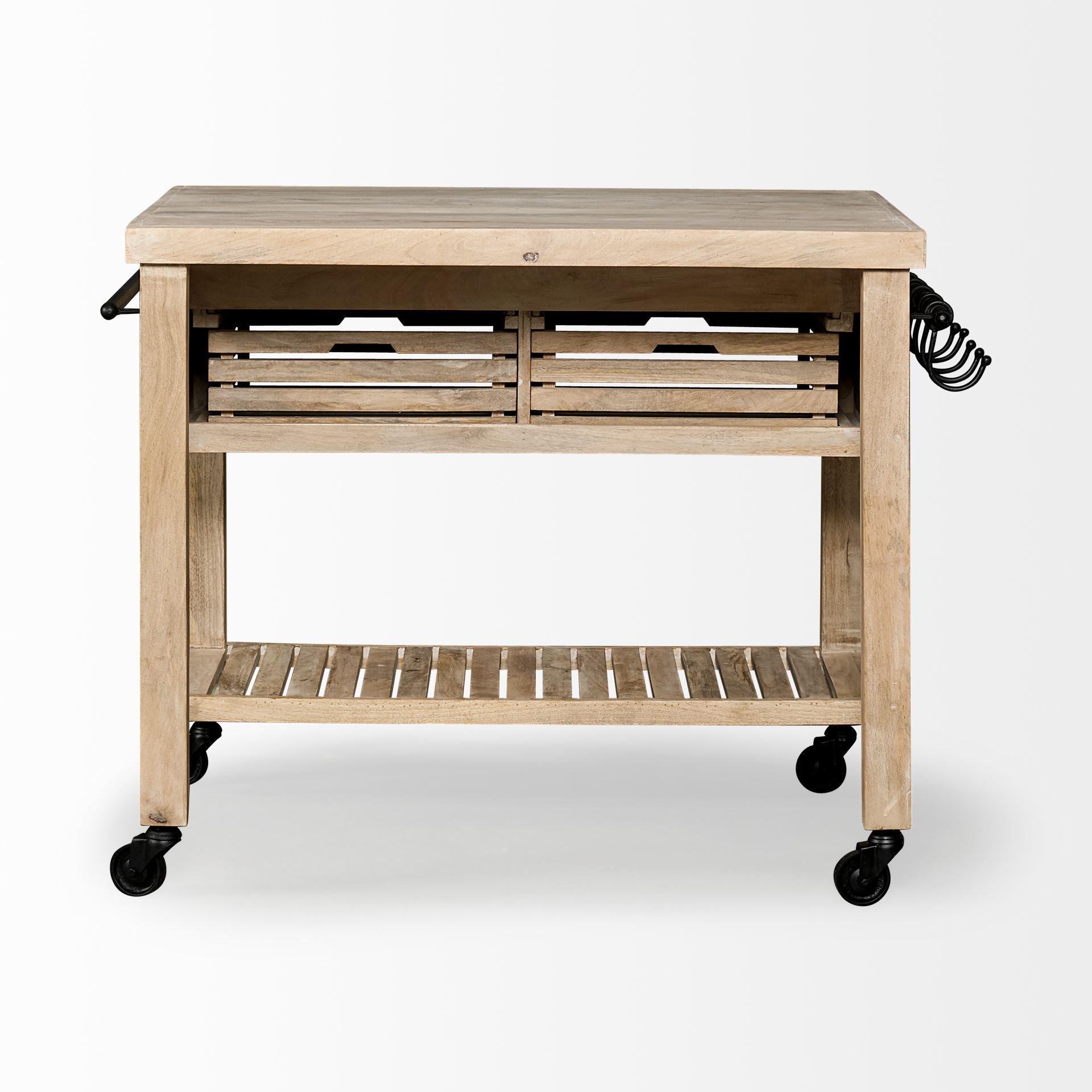 Light Brown Base Kitchen Island with Black Iron Knobs Rolling