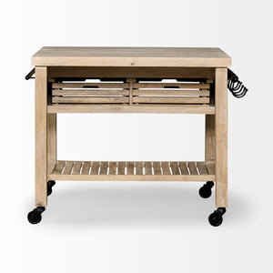 Light Brown Base Kitchen Island with Black Iron Knobs Rolling