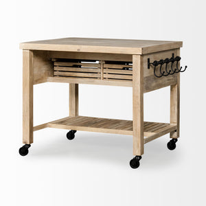 Light Brown Base Kitchen Island with Black Iron Knobs Rolling