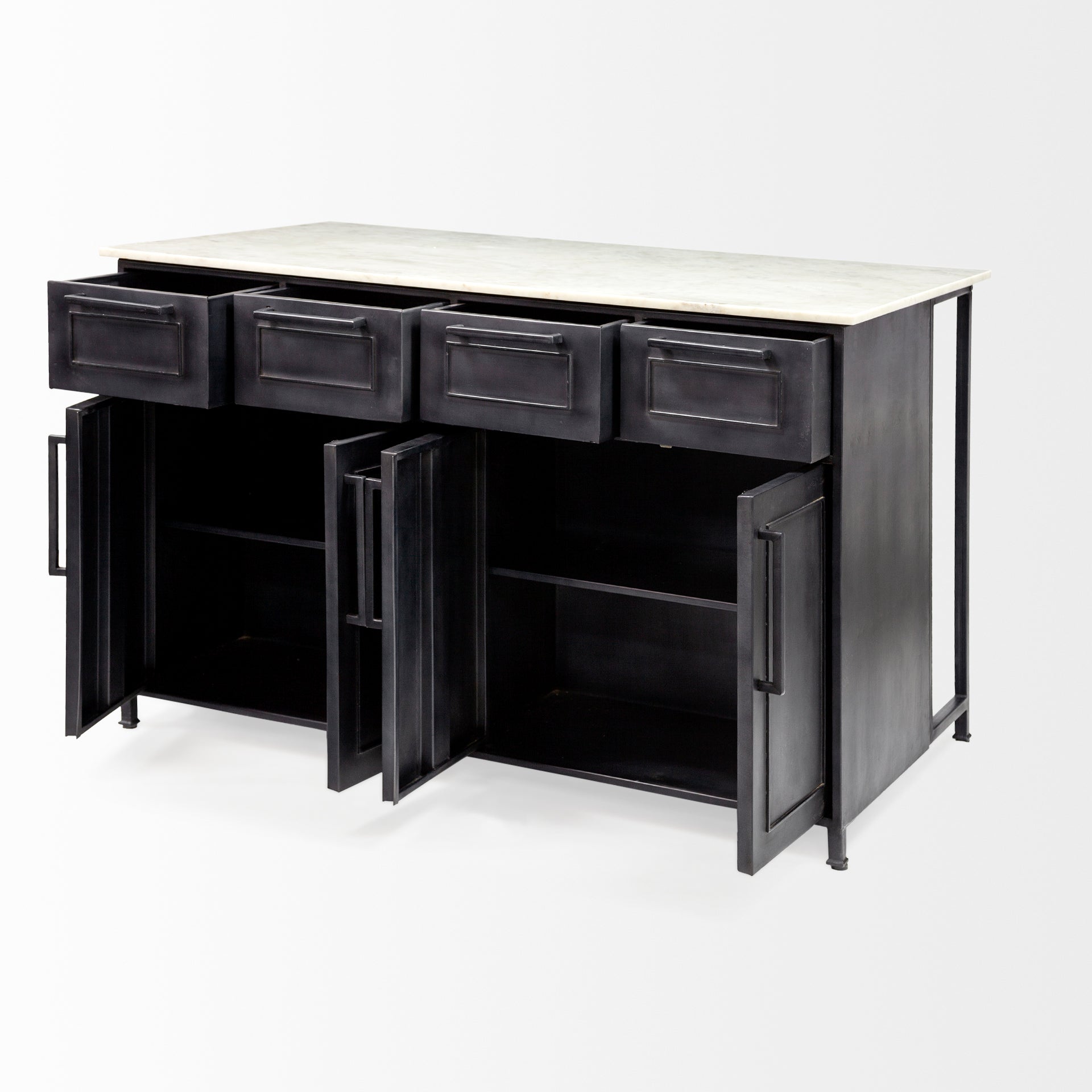 Solid Iron Black Body White Marble Top Kitchen Island with 4 Drawer