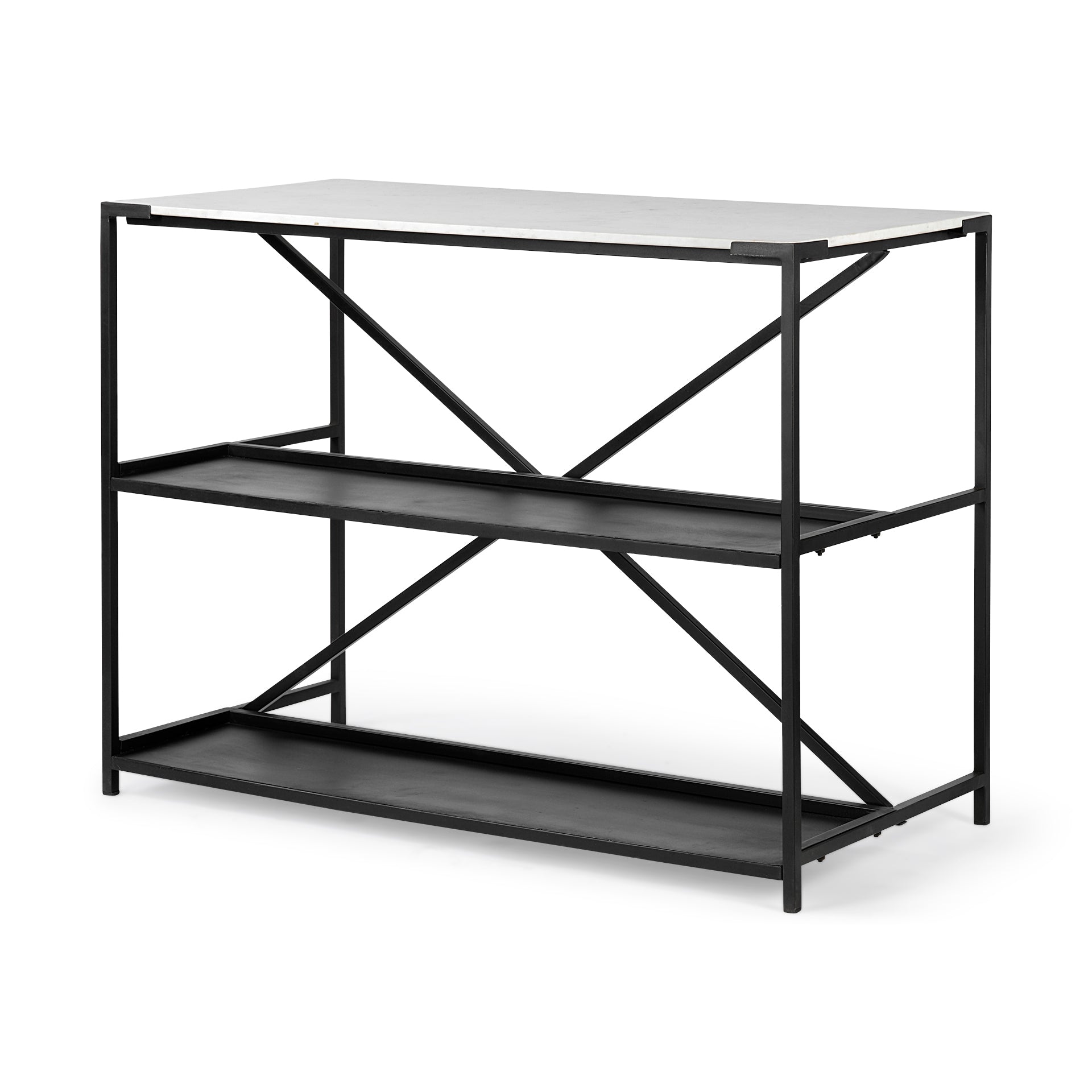 Black Two Tier Iron Body Kitchen Island with White Marble Top