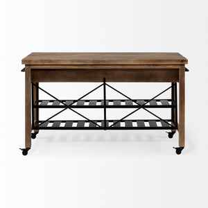 Brown Solid Wood Top Kitchen Island with Two Tier Black Metal Rolling