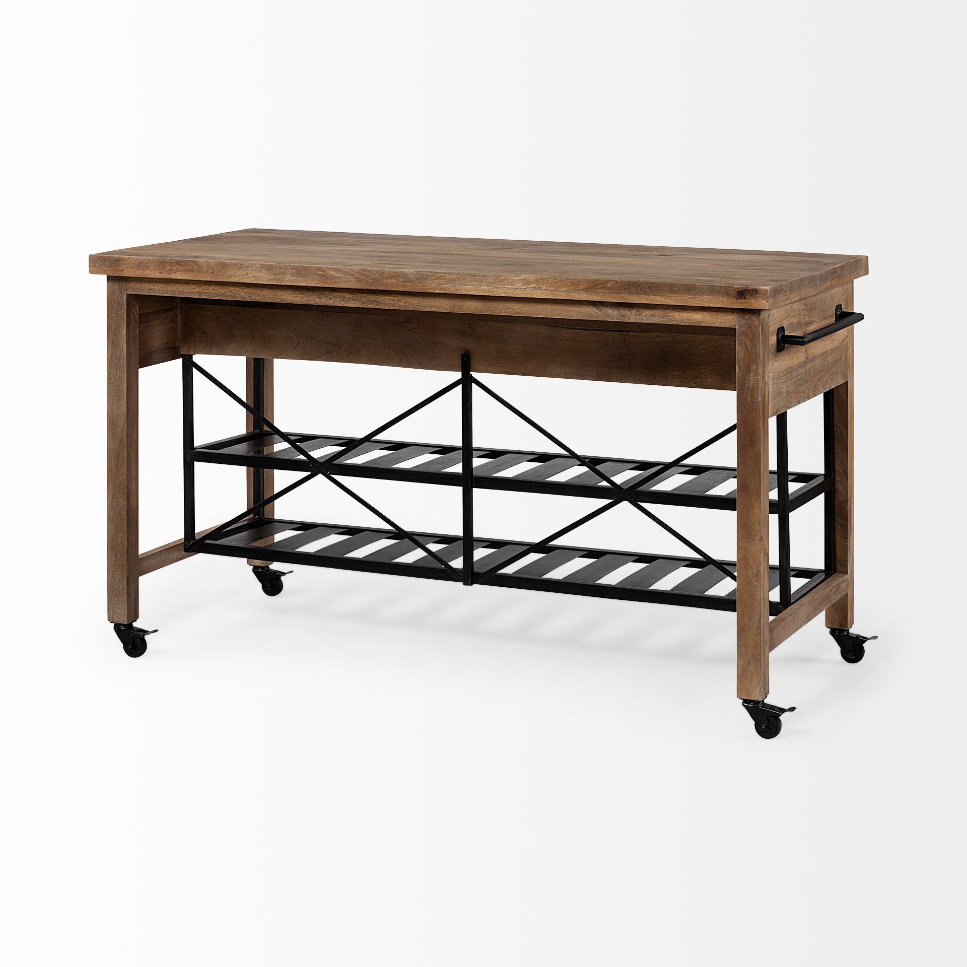 Brown Solid Wood Top Kitchen Island with Two Tier Black Metal Rolling