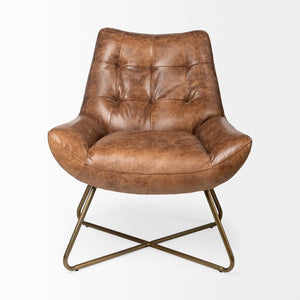 Brown Leather Seat Accent Chair with X Shaped Iron Frame