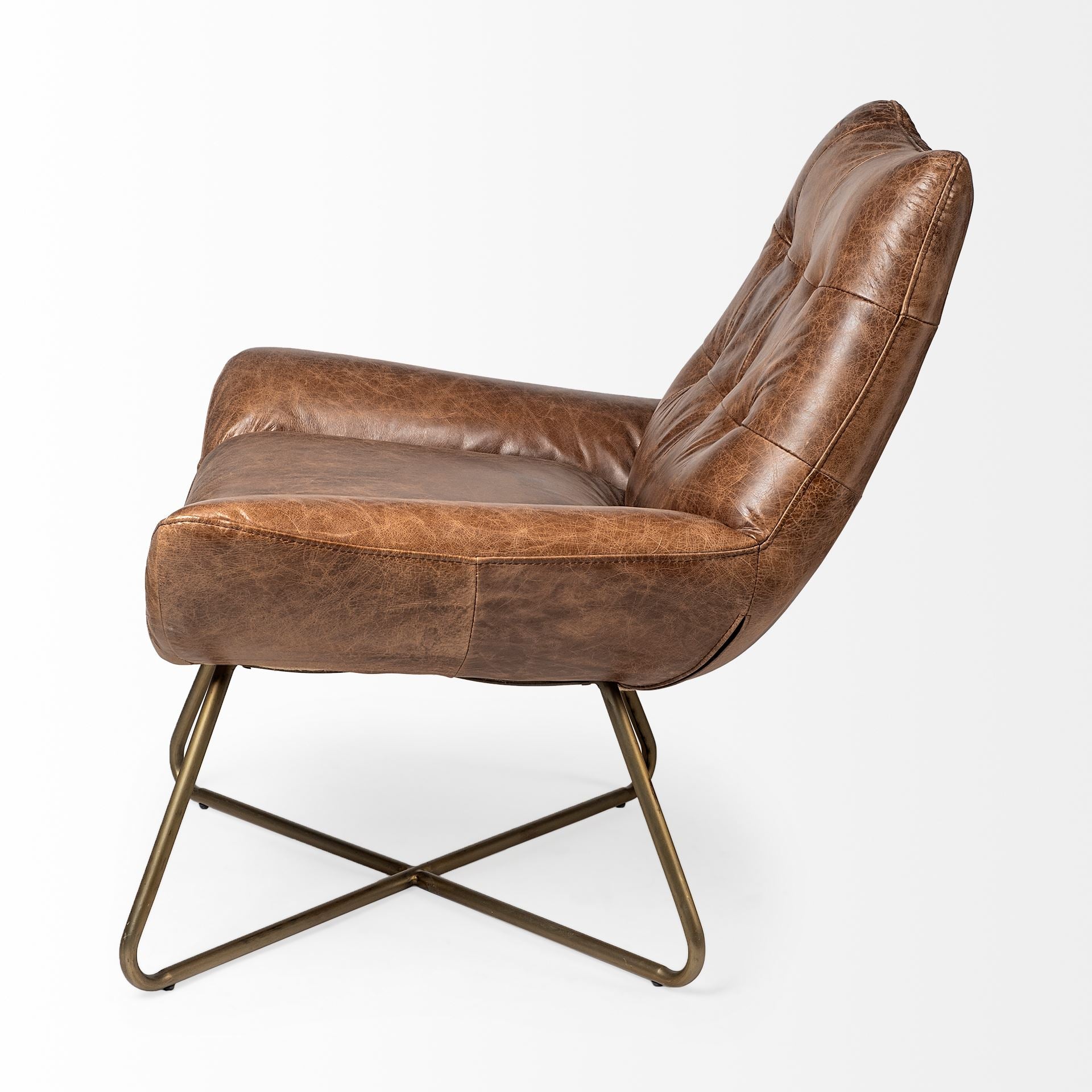 Brown Leather Seat Accent Chair with X Shaped Iron Frame