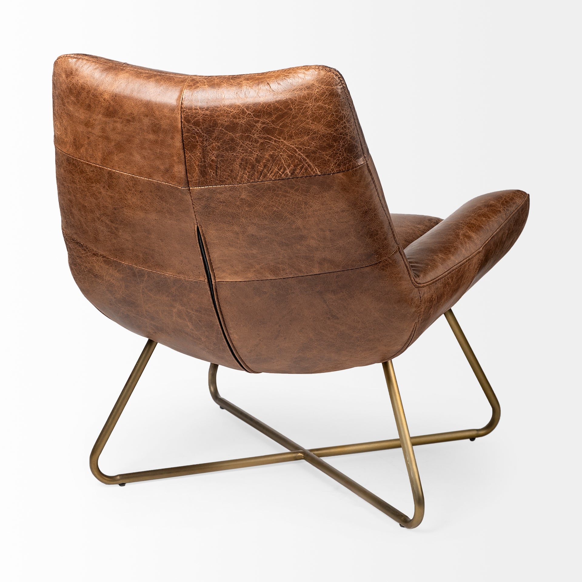Brown Leather Seat Accent Chair with X Shaped Iron Frame