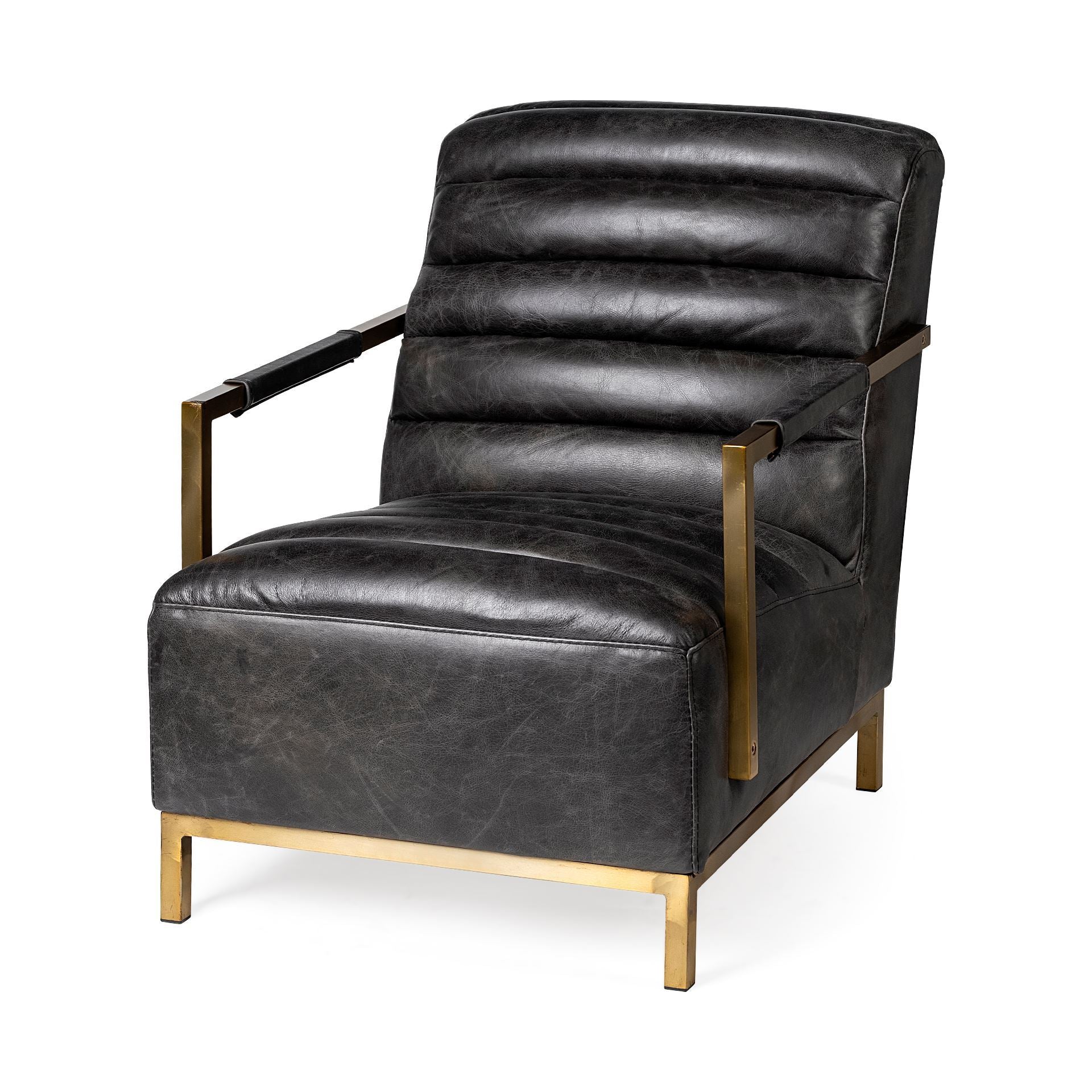 Black Leather Seat Accent Chair with Gold Iron Frame