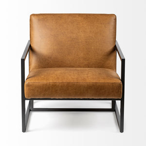 Light Brown Leather Seat Accent Chair with Grey Iron Frame